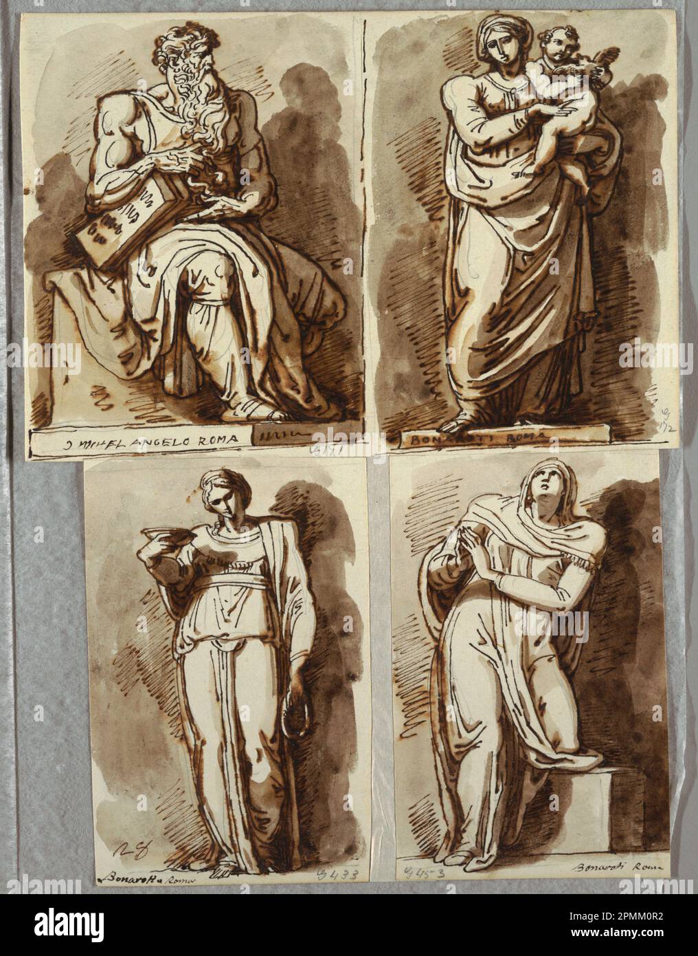 Libro di disegno Folio, Studi dopo quattro statue sulla Tomba di Giulio II, dopo Michelangelo: Mosè; Madonna col Bambino; Lea, virtù; Rachel, Religion; ideato da Felice Giani (italiano, 1758–1823); Italia; inchiostro nero e marrone, pennello e lavaggio marrone, su gesso nero su carta bianca pesante in vove; 30,8 x 23 cm (12 1/8 x 9 1/16 in.) Foto Stock