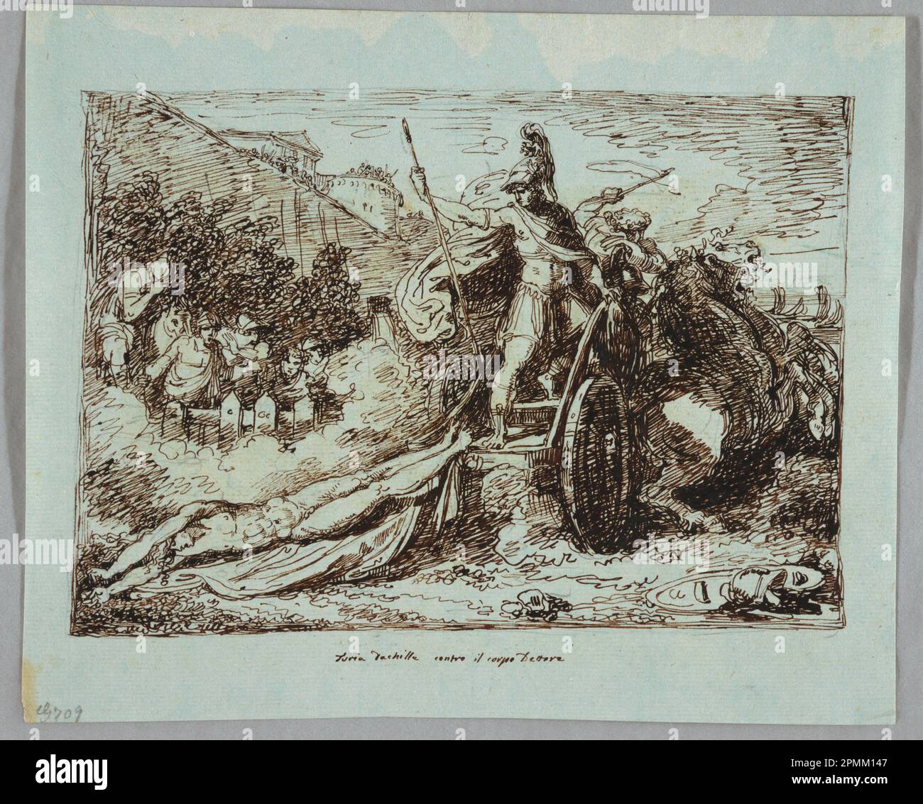 Disegno, Achilles trascina il corpo di Hector; progettato da Felice Giani (italiano, 1758–1823); Italia; inchiostro marrone e penna su carta blu chiaro; 23,4 x 28,6 cm (9 3/16 x 11 1/4 pollici) Foto Stock