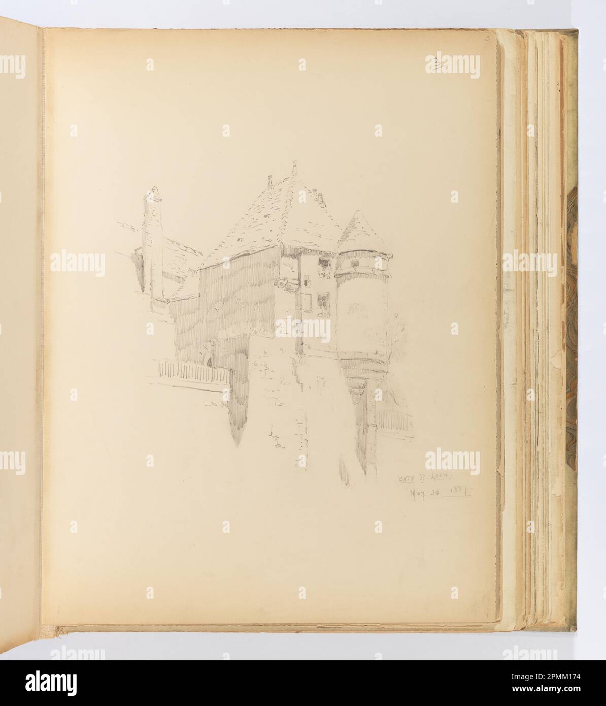 Album Page, Gate at Laon; Whitney Warren Jr. (Americano, 1864–1943); Francia; grafite su carta ovata biancastra inserita nella rilegatura con tessuto; 31,3 x 23,9 cm (12 5/16 x 9 7/16 in.) Foto Stock