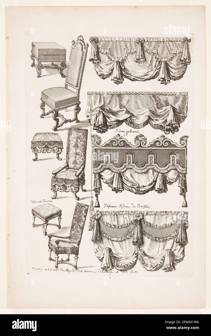 Stampa, mobili imbottiti; Daniel Marot (francese, attivo nei Paesi Bassi e in Inghilterra, 1661–1752); Paesi Bassi; incisione su carta bianca; totale: 34 x 22,5cm (13 3/8 x 8 7/8in.) Platemark: 27,2 x 18,3 cm (10 11/16 x 7 3/16 pollici) Foto Stock