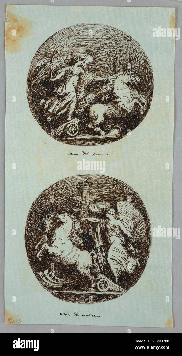 Disegno, due rotonde con vittorie in carri; River Victory; disegnato da Felice Giani (italiano, 1758–1823); Italia; inchiostro marrone e penna su tracce di grafite su carta azzurro; 19 x 35,7 cm (7 1/2 x 14 1/16 in.) Foto Stock