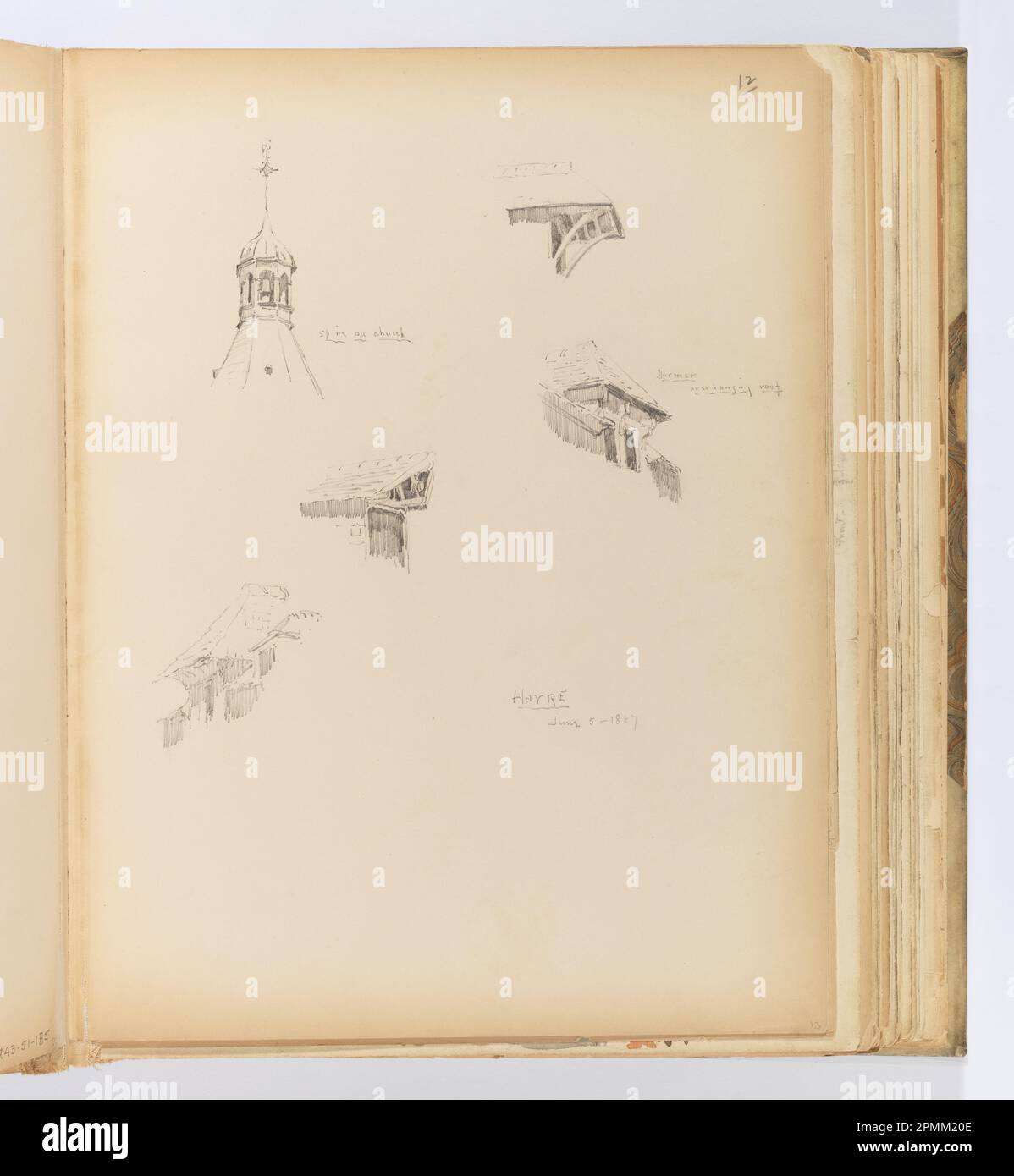 Album Page, Sketches of Architectural Details, Havre; Whitney Warren Jr. (Americano, 1864–1943); Francia; grafite su carta spessa in tela di panna inserita nella rilegatura con tessuto; 31,3 x 23,9 cm (12 5/16 x 9 7/16 in.), irregolare Foto Stock