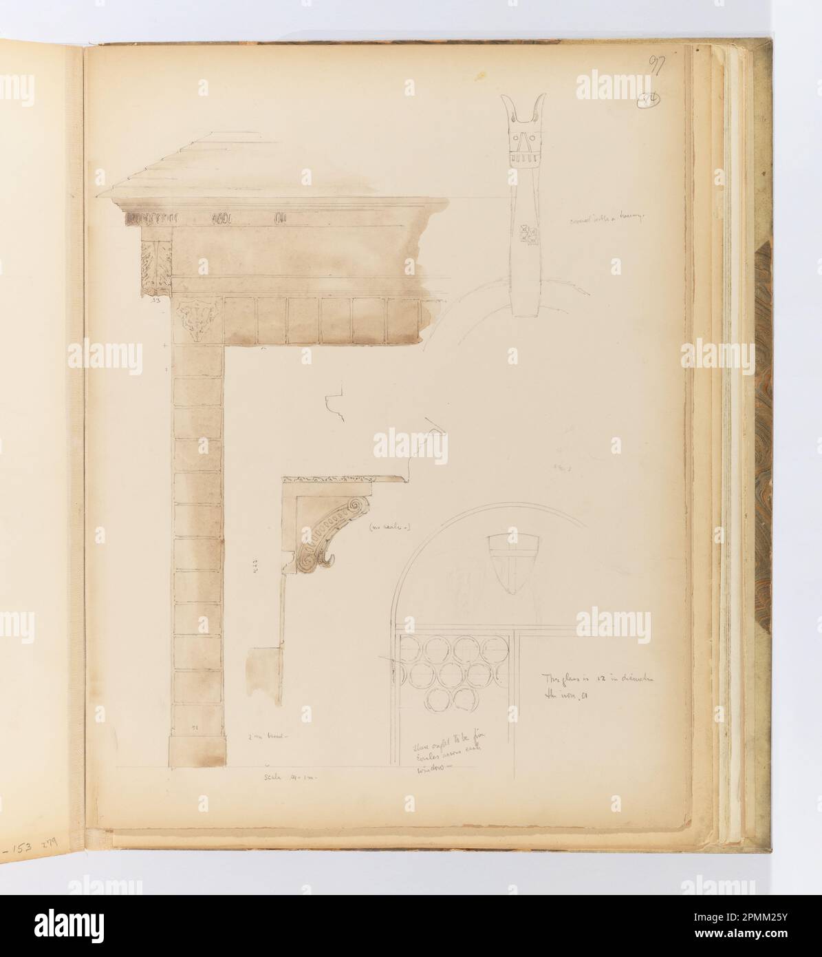 Pagina dell'album, elevazione e dettagli della muratura, finestra di vetro; Whitney Warren Jr. (Americano, 1864–1943); Italia; pennello e acquerello su cartone color crema con punta in tessuto; 31 x 23,9 cm (12 3/16 x 9 7/16 in.), irregolare Foto Stock