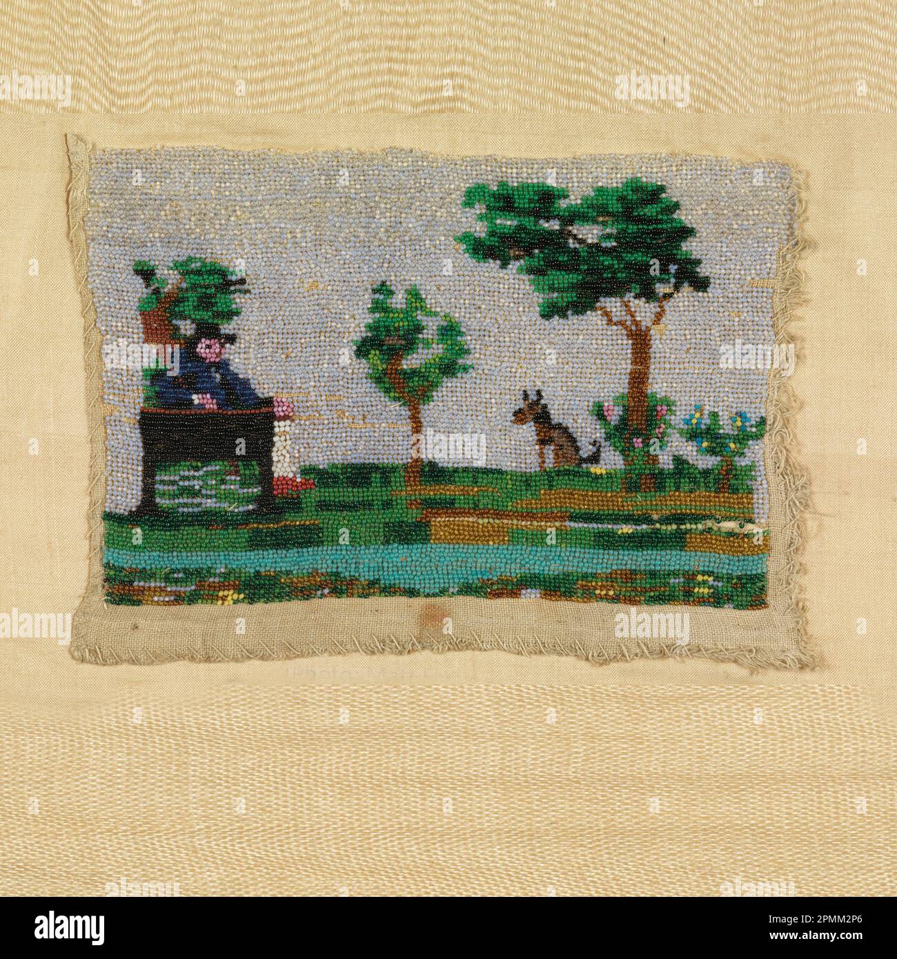 Immagine ricamata (Italia); lino e perle di vetro colorate Foto Stock