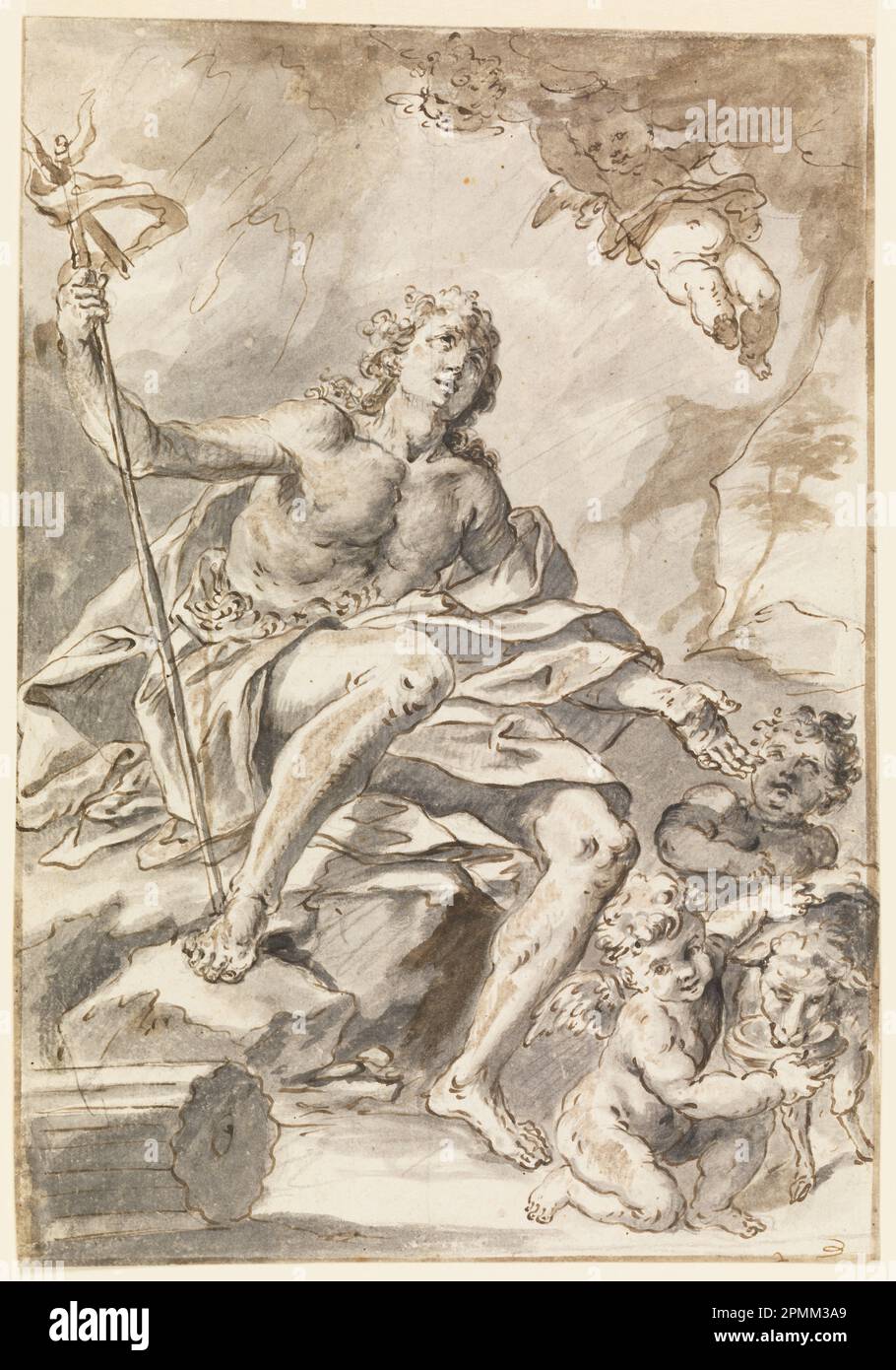 Disegno, St. Giovanni Battista; Francesco Saverio Mergolo (italiano, 1746–1786); Italia; pennello e lavaggio, penna e inchiostro su carta; 31,4 x 22,2 cm (12 3/8 x 8 3/4 pollici) Foto Stock