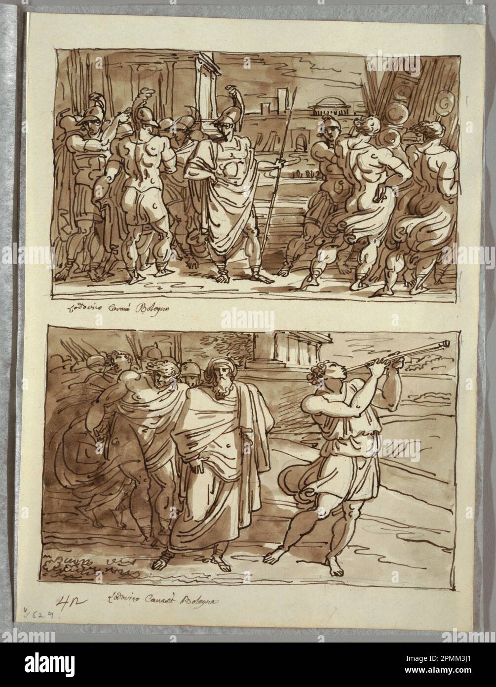 Libro di disegno Folio, l'orgoglio dei Romani: La mocking dell'Antico Capitano dei Veii; due Studi dopo Carracci; disegnato da Felice Giani (1758-1823); Italia; inchiostro nero e marrone, pennello e lavaggio marrone, su gesso nero su carta bianca pesante di vove; 30,7 x 23 cm (12 1/16 x 9 1/16 pollici) Foto Stock