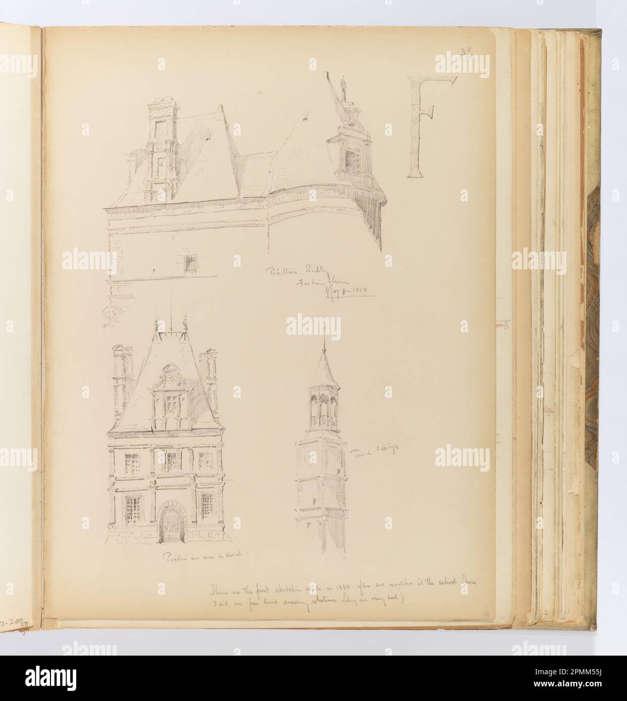 Pagina dell'album, schizzi di Château de Fontainebleau; Whitney Warren Jr. (Americano, 1864–1943); Francia; grafite su cartone cremoso con punta in tessuto; 31,4 x 24 cm (12 3/8 x 9 7/16 in.), irregolare Foto Stock