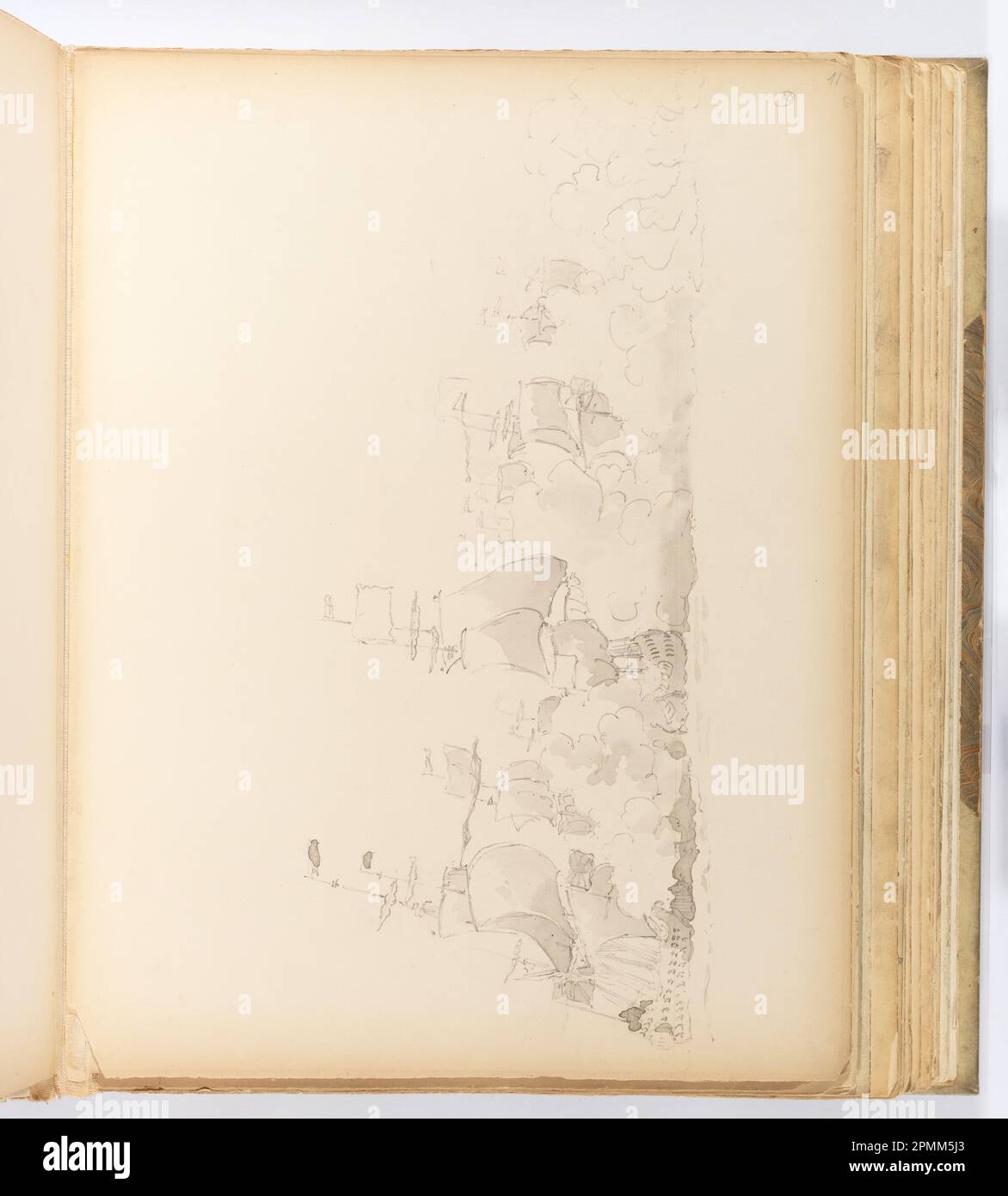 Pagina dell'album, Fleet of Man-o-War in Battle; Whitney Warren Jr. (Americano, 1864–1943); dopo Willem van de Velde the Elder (olandese, 1610 - 1693); Paesi Bassi; lavaggio a pennello e grigio, grafite su cartone cremoso con punta in tessuto; 24 x 31,4 cm (9 7/16 x 12 3/8 in.), irregolare Foto Stock