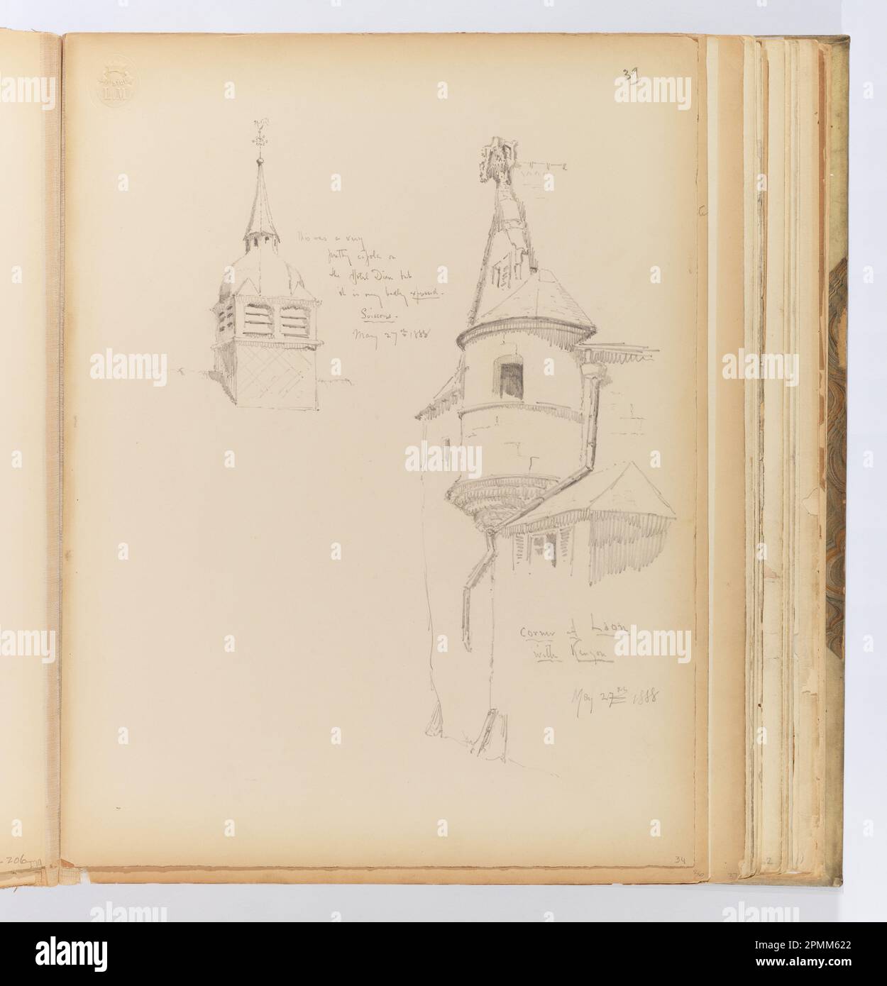Pagina dell'album, disegni architettonici, Soissons e Laon; Whitney Warren Jr. (Americano, 1864–1943); Francia; grafite su cartone cremoso con punta in tessuto; 31,5 x 23,7 cm (12 3/8 x 9 5/16 in.), irregolare Foto Stock Pagina dell'album, disegni architettonici, Soissons e Laon; Whitney Warren Jr. (Americano, 1864–1943); Francia; grafite su cartone cremoso con punta in tessuto; 31,5 x 23,7 cm (12 3/8 x 9 5/16 in.), irregolare Foto Stock