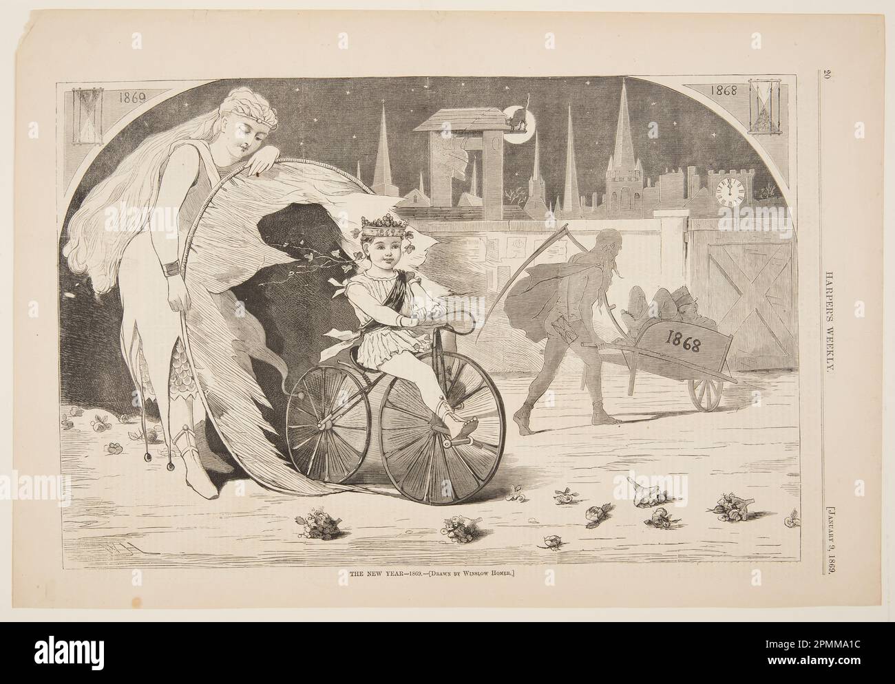 Print, the New Year – 1869; Winslow Homer (americano, 1836–1910); pubblicato da Harper's Weekly; USA; incisione su legno con inchiostro nero su carta; immagine: 23 x 34,7 cm (9 1/16 x 13 11/16 pollici) Foto Stock Print, the New Year – 1869; Winslow Homer (americano, 1836–1910); pubblicato da Harper's Weekly; USA; incisione su legno con inchiostro nero su carta; immagine: 23 x 34,7 cm (9 1/16 x 13 11/16 pollici) Foto Stock