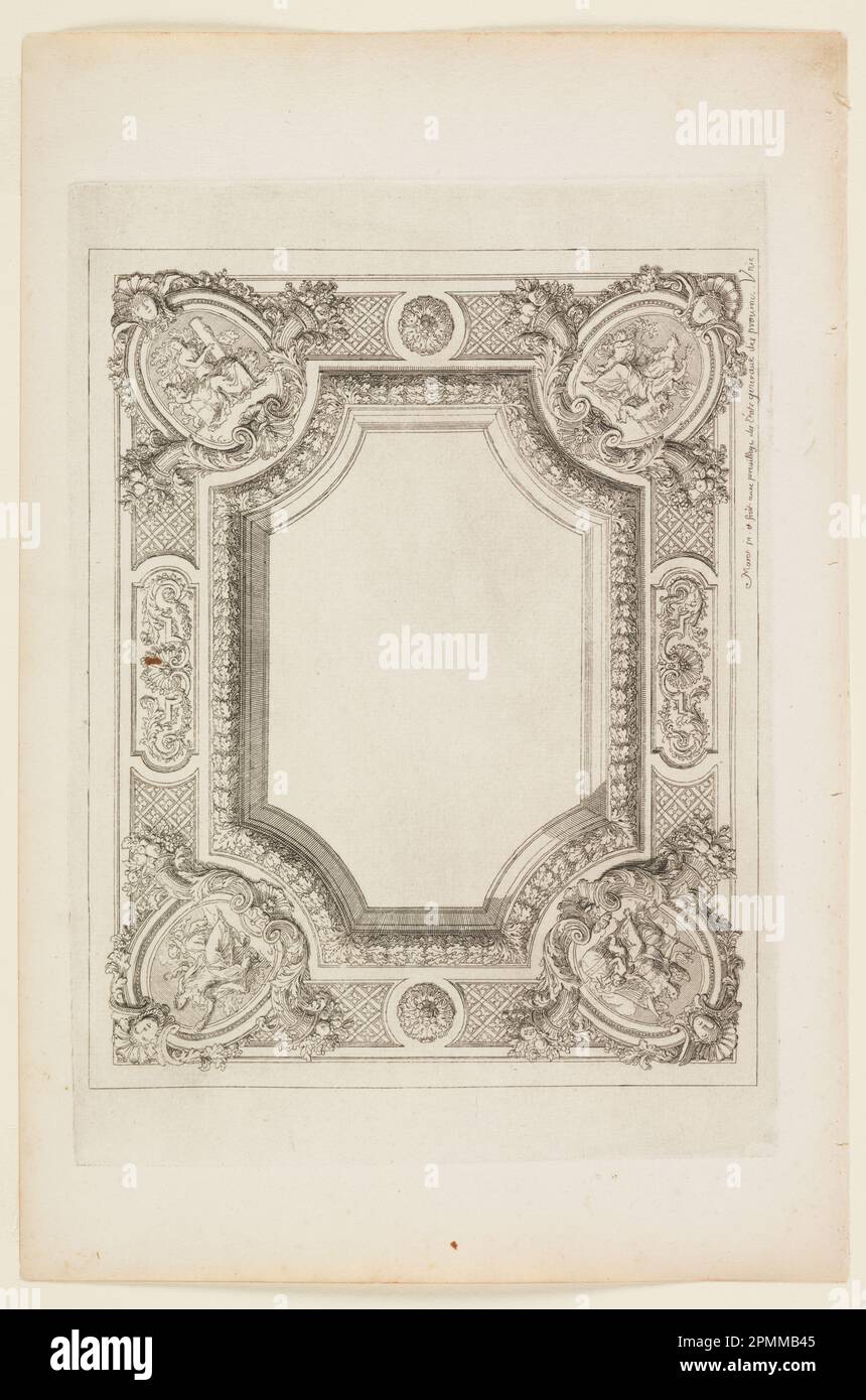 Print, plate in Nouveaux livres de peintures de salles et d’escaliers (nuovi libri su dipinti per sale e scale); progettato da Daniel Marot (francese, attivo nei Paesi Bassi e in Inghilterra, 1661–1752); Paesi Bassi; incisione e incisione su carta bianca; foglio: 23,5 x 35 cm (9 1/4 x 13 3/4 in.) Platemark: 20 x 27,8 cm (7 7/8 x 10 15/16 pollici) Foto Stock Print, plate in Nouveaux livres de peintures de salles et d’escaliers (nuovi libri su dipinti per sale e scale); progettato da Daniel Marot (francese, attivo nei Paesi Bassi e in Inghilterra, 1661–1752); Paesi Bassi; incisione e incisione su carta bianca; foglio: 23,5 x 35 cm (9 1/4 x 13 3/4 in.) Platemark: 20 x 27,8 cm (7 7/8 x 10 15/16 pollici) Foto Stock