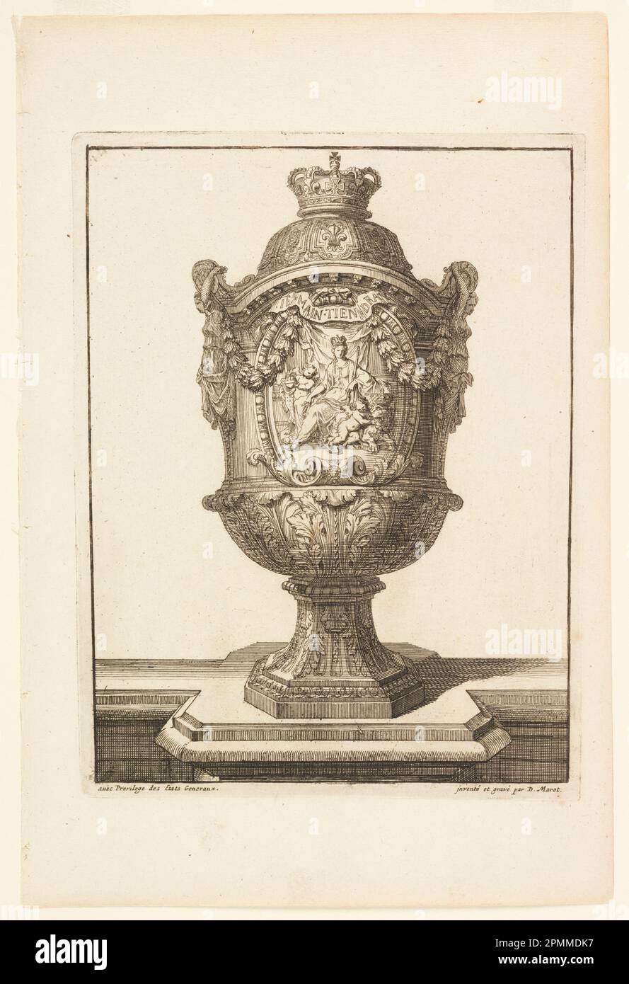 Stampa, disegno per vaso footed, in Vasses de la Maison Royalle de Loo Nouvellement (nuovi vasi per la Casa reale di Loo); disegnato da Daniel Marot (francese, attivo nei Paesi Bassi e in Inghilterra, 1661–1752); Paesi Bassi; incisione e incisione su carta bianca; foglio: 35 x 23,5 cm (13 3/4 x 9 1/4 pollici) Platemark: 26,5 x 20,6 cm (10 7/16 x 8 1/8 pollici) Foto Stock Stampa, disegno per vaso footed, in Vasses de la Maison Royalle de Loo Nouvellement (nuovi vasi per la Casa reale di Loo); disegnato da Daniel Marot (francese, attivo nei Paesi Bassi e in Inghilterra, 1661–1752); Paesi Bassi; incisione e incisione su carta bianca; foglio: 35 x 23,5 cm (13 3/4 x 9 1/4 pollici) Platemark: 26,5 x 20,6 cm (10 7/16 x 8 1/8 pollici) Foto Stock