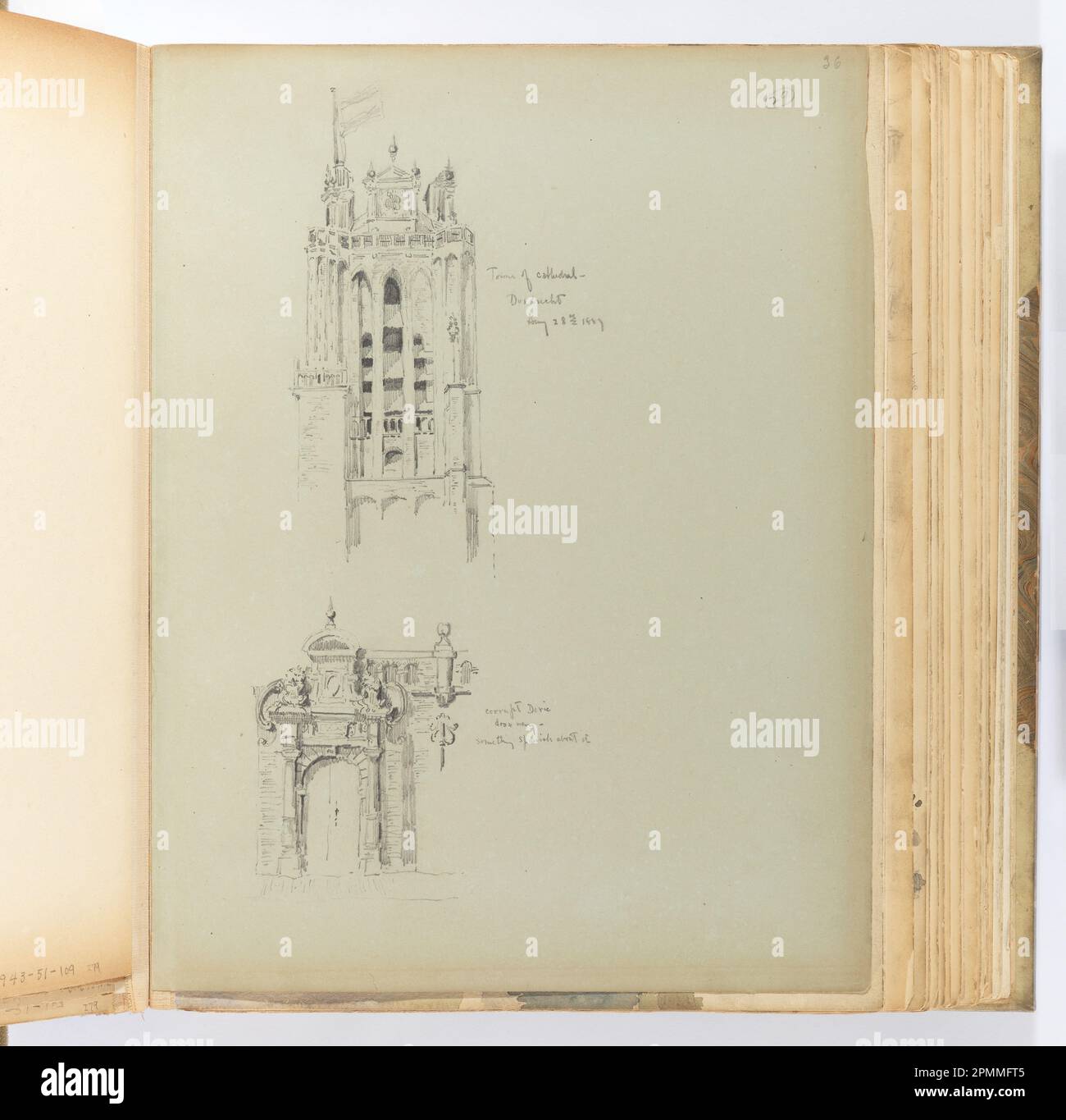 Album Page, Sketch of Cathedral Tower and Doorway; Whitney Warren Jr. (Americano, 1864–1943); Paesi Bassi; grafite su cartone verde con punta in tessuto; 31,4 x 23,9 cm (12 3/8 x 9 7/16 in.), irregolare Foto Stock