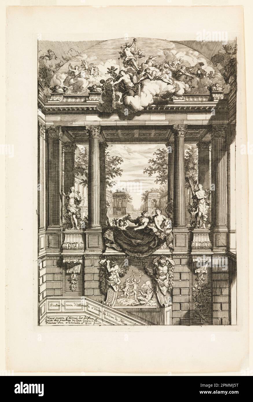 Print, Escallier du comte d'Albemarle a Voorte (Scale del Conte d'Albemarle de Voorste), in Nouveaux livres de peintures de salles et d'escaliers (nuovi libri su dipinti per camere e scale); disegnata da Daniel Marot (francese, attivo nei Paesi Bassi e in Inghilterra, 1661–1752); Paesi Bassi; Incisione e incisione su carta bianca; foglio: 35 x 23,5 cm (13 3/4 x 9 1/4 pollici) Platemark: 28,7 x 20,4 cm (11 5/16 x 8 1/16 pollici) Foto Stock Print, Escallier du comte d'Albemarle a Voorte (Scale del Conte d'Albemarle de Voorste), in Nouveaux livres de peintures de salles et d'escaliers (nuovi libri su dipinti per camere e scale); disegnata da Daniel Marot (francese, attivo nei Paesi Bassi e in Inghilterra, 1661–1752); Paesi Bassi; Incisione e incisione su carta bianca; foglio: 35 x 23,5 cm (13 3/4 x 9 1/4 pollici) Platemark: 28,7 x 20,4 cm (11 5/16 x 8 1/16 pollici) Foto Stock