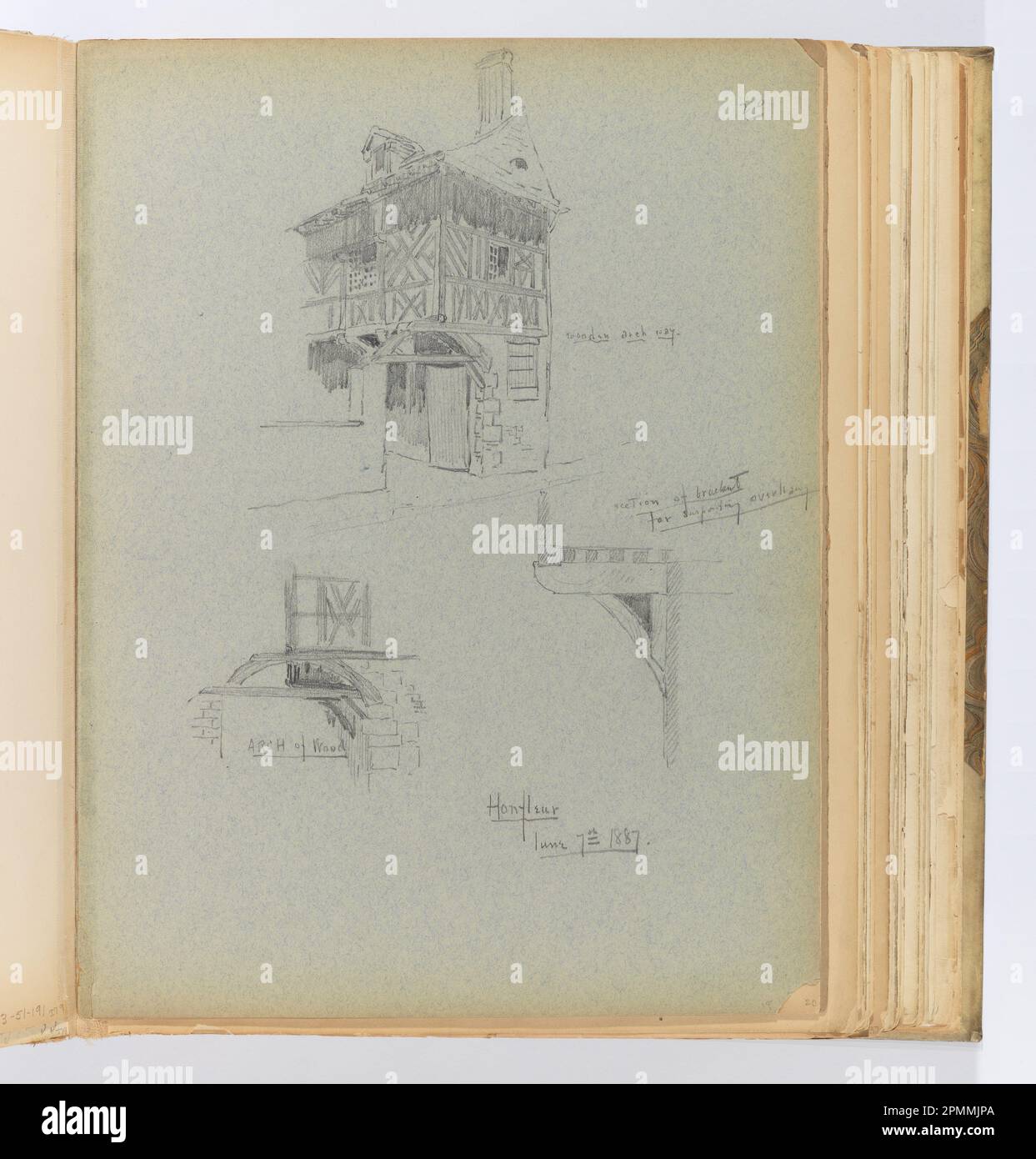Pagina dell'album, schizzi di archi di legno, Honfleur; Whitney Warren Jr. (Americano, 1864–1943); Francia; grafite su cartone blu con punta in tessuto; 31,4 x 23,7 cm (12 3/8 x 9 5/16 in.), irregolare Foto Stock Pagina dell'album, schizzi di archi di legno, Honfleur; Whitney Warren Jr. (Americano, 1864–1943); Francia; grafite su cartone blu con punta in tessuto; 31,4 x 23,7 cm (12 3/8 x 9 5/16 in.), irregolare Foto Stock