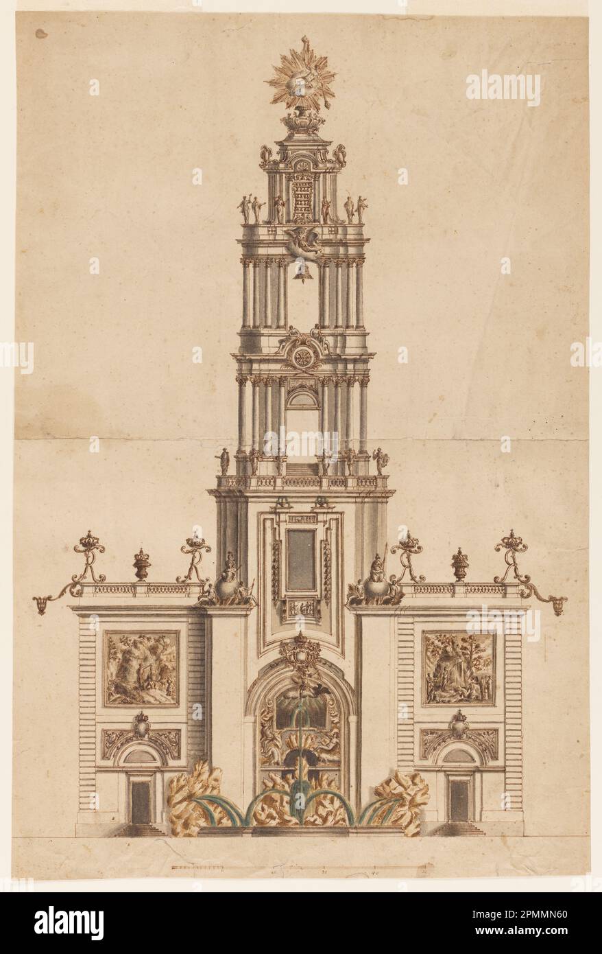 Disegno, Campanile, probabilmente per Ferdinando IV di Napoli; Germania; inchiostro nero e marrone, pennello e lavaggio marrone e grigio, gesso verde, su carta posata; 54,9 x 36,7 cm (21 5/8 x 14 7/16 pollici) Foto Stock