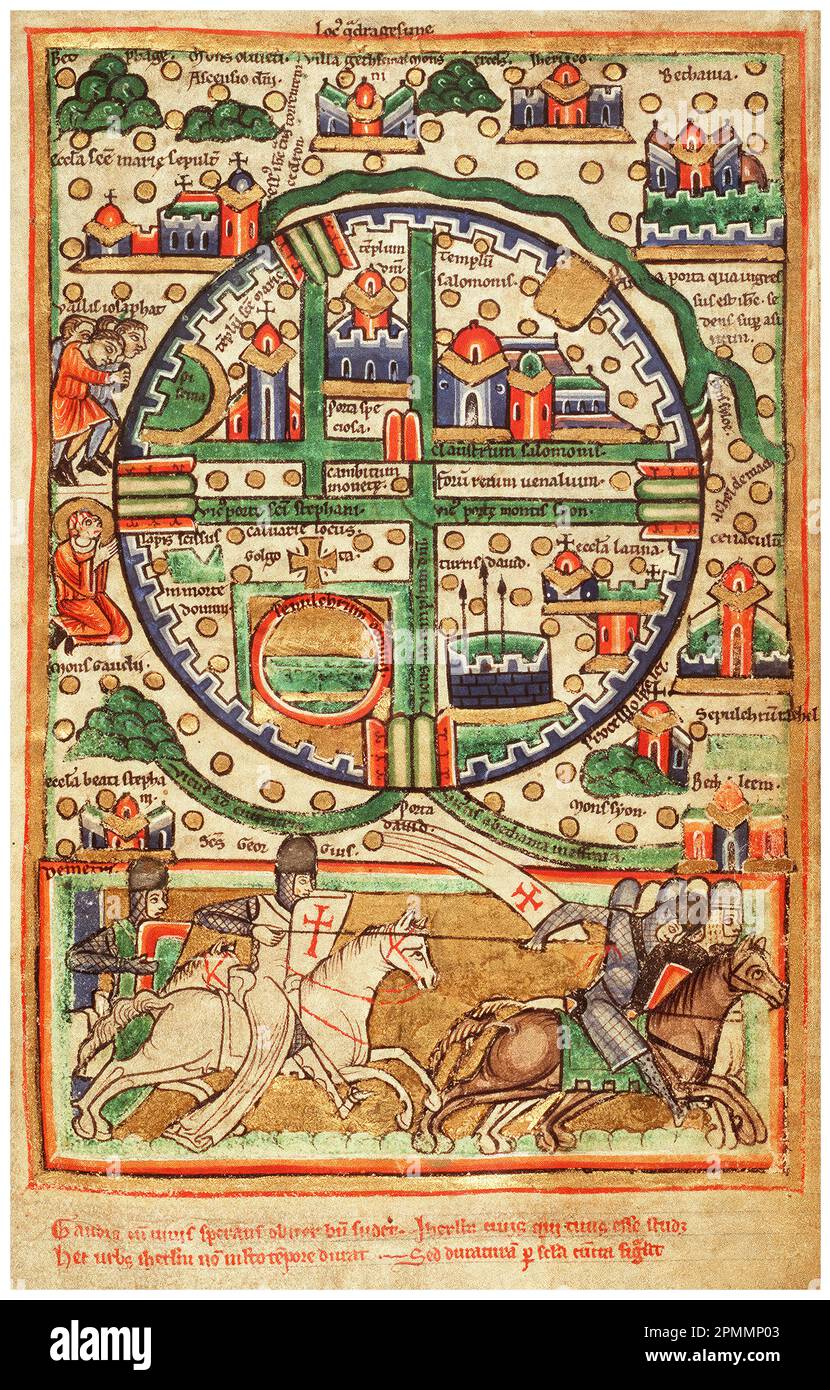 Mappa del 12th ° secolo di Gerusalemme: Crociate Templari Cavalieri, manoscritto illuminato circa 1199 Foto Stock
