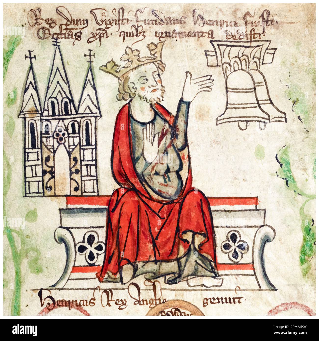 Enrico III d'Inghilterra (1207-1272), conosciuto anche come Enrico di Winchester, re d'Inghilterra (1216-1272) con una facciata dell'Abbazia di Westminster, dipinto manoscritto ritratto illuminato di Pietro di Langtoft, 1307-1327 Foto Stock