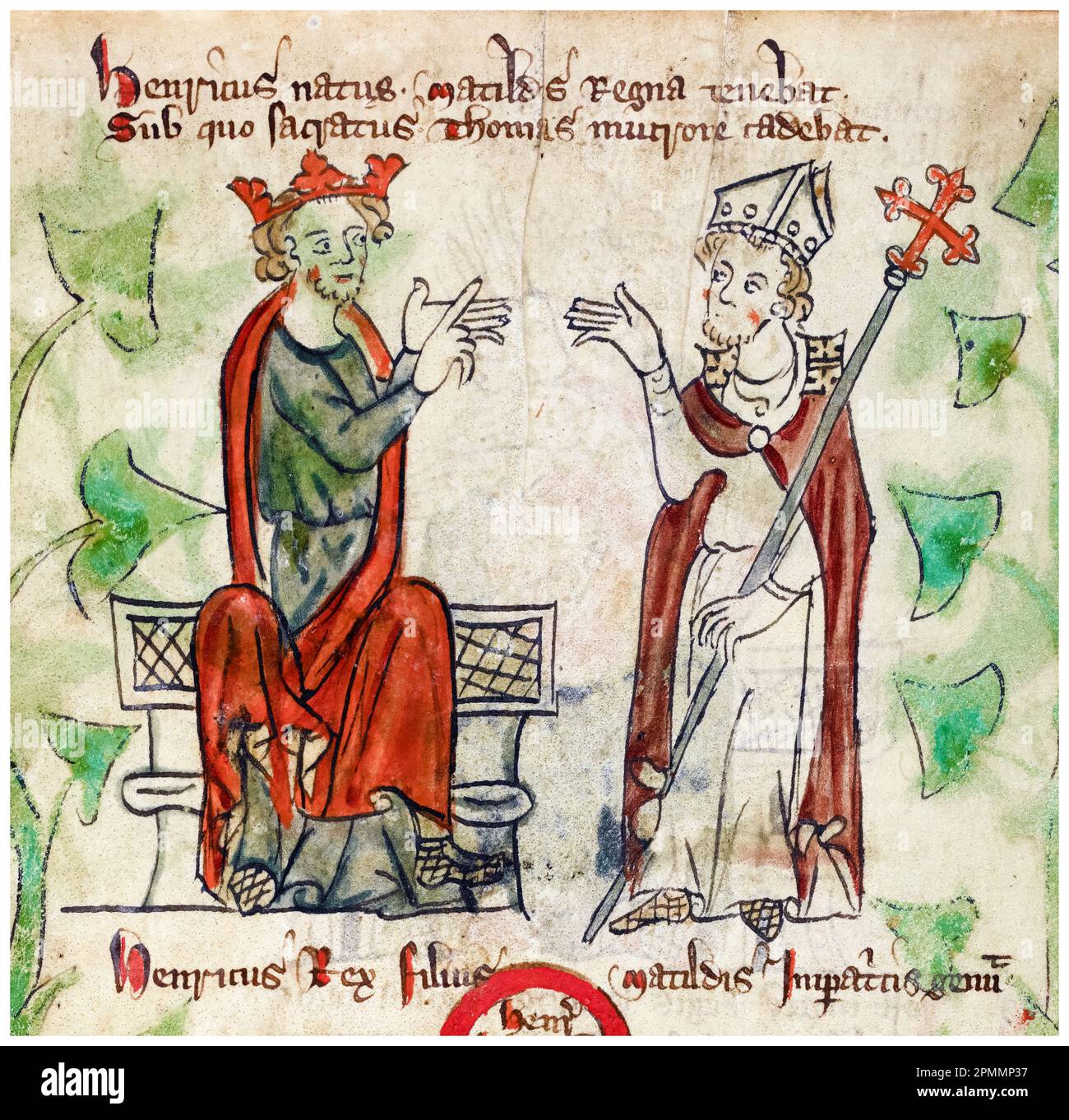 Re Enrico II d'Inghilterra (1133-1189) e Thomas Becket (1119/20-1170) Arcivescovo di Canterbury, dipinto manoscritto illuminato di Pietro di Langtoft, 1307-1327 Foto Stock