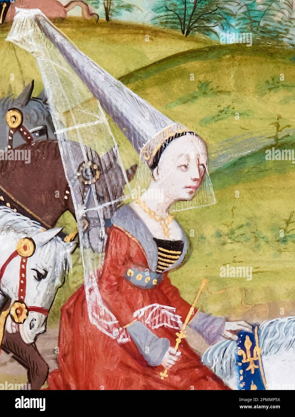 Isabella di Francia (circa 1295-1358), Regina d'Inghilterra (1308-1327), moglie del re Edoardo II e Regente d'Inghilterra (1327-1330), pittura manoscritta illuminata di Jean Froissart, circa 1475 Foto Stock