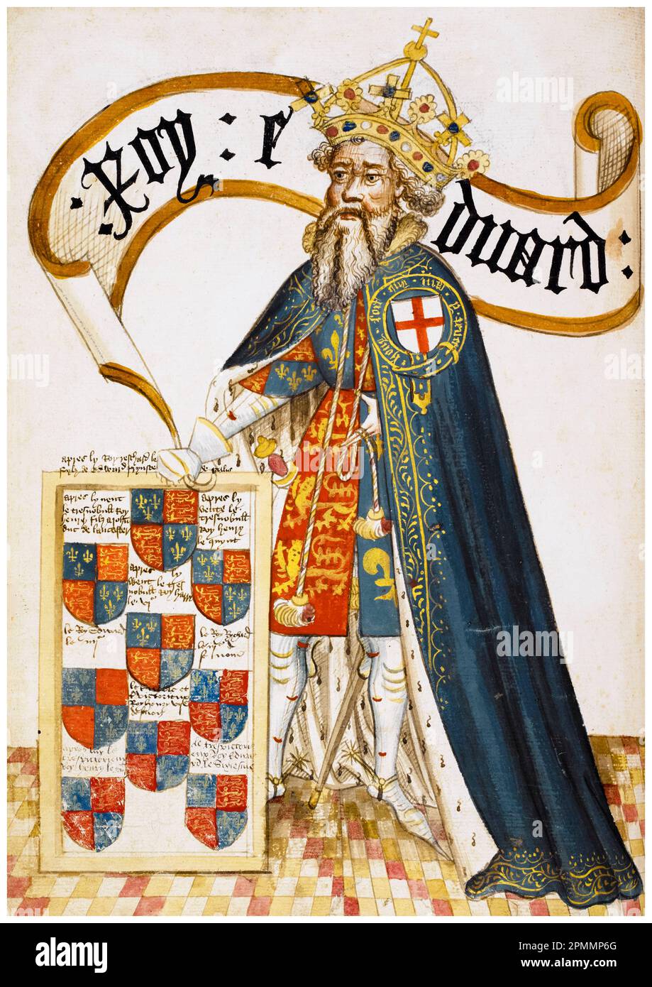 Edoardo III d'Inghilterra (1312-1377), re d'Inghilterra (1327-1377), con un mantello blu decorato con l'Ordine del Garter, dipinto manoscritto ritratto illuminato di William Bruges, 1430-1440 Foto Stock