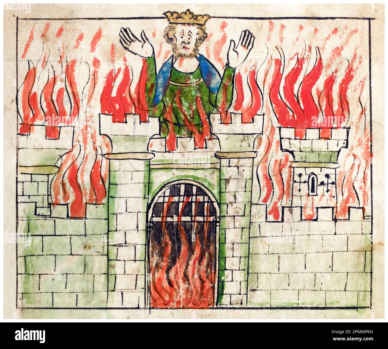 Re Vortigern un 5th ° secolo Warlord e re dei britannici che brucia vivo a un fuoco nel suo castello, dipinto manoscritto illuminato da Pietro di Langtoft, 1307-1327 Foto Stock