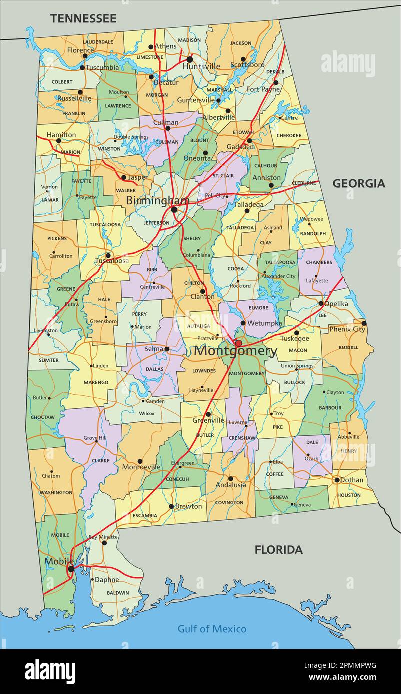 Alabama - mappa politica modificabile molto dettagliata con etichettatura. Illustrazione Vettoriale