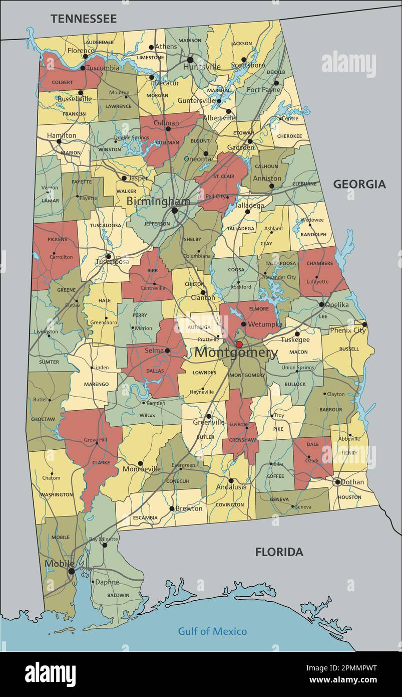 Alabama - mappa politica modificabile molto dettagliata con etichettatura. Illustrazione Vettoriale