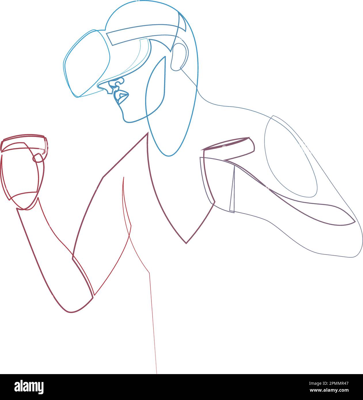 Disegno continuo di un uomo in una cuffia per realtà virtuale e controller di movimento. Una line art di figura che indossa il casco VR e gioca a un gioco virtuale. Illustrazione Vettoriale