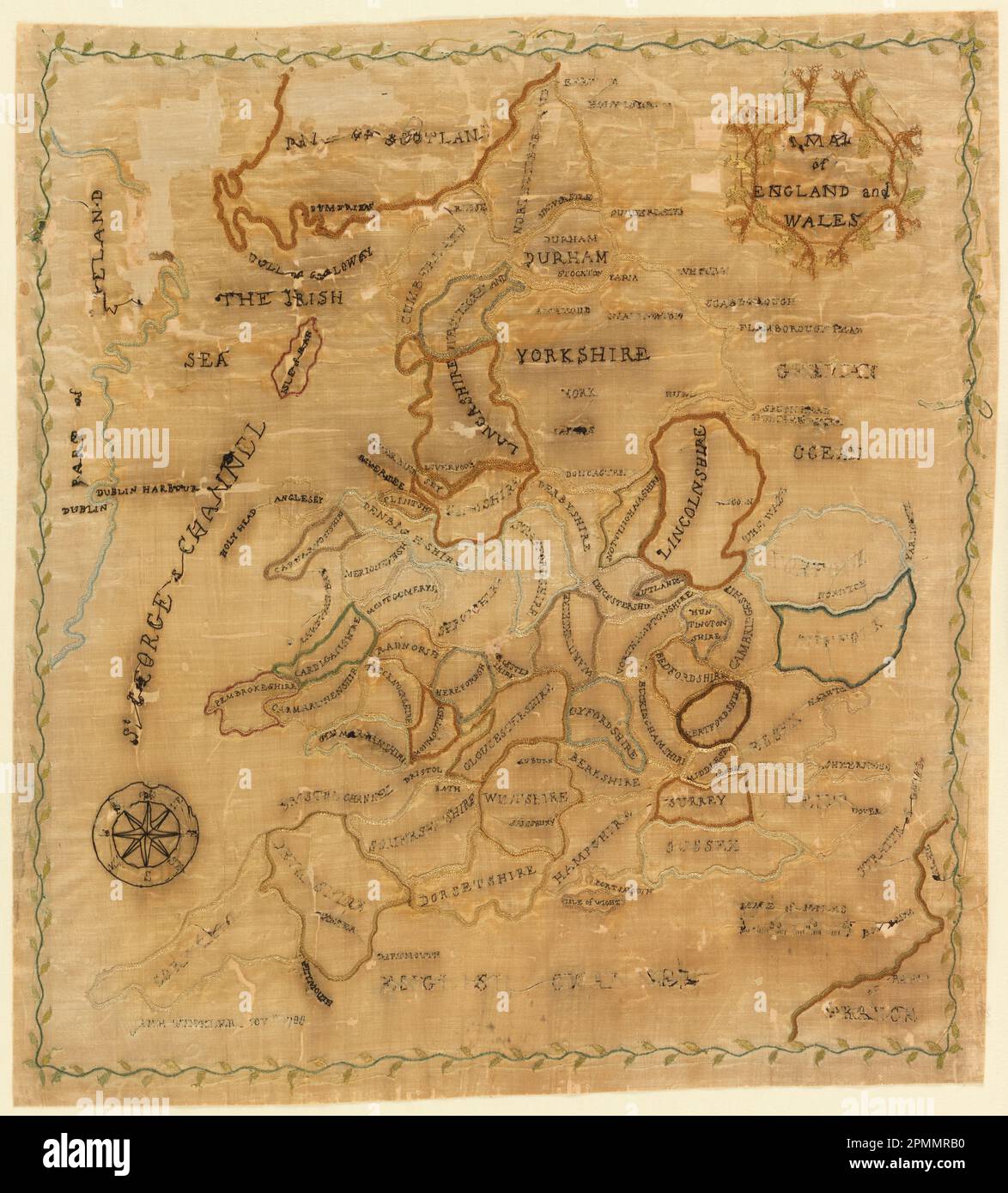 Mappa Sampler (Inghilterra); ricamato da Jane Tinkler; seta; 52 x 47 cm (20 1/2 x 18 1/2 pollici); Bequest of Mrs Henry E. Coe; 1941-69-92 Foto Stock