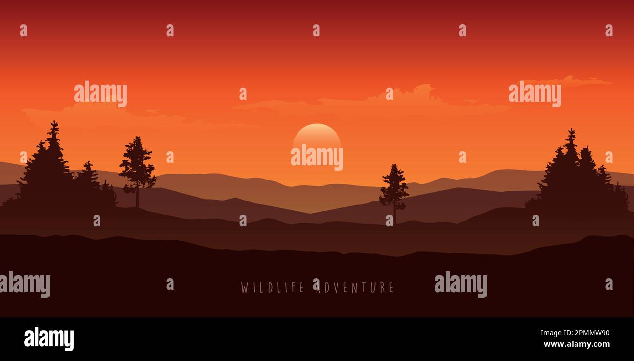 avventura naturalistica al tramonto in montagna paesaggio di colori arancioni Illustrazione Vettoriale