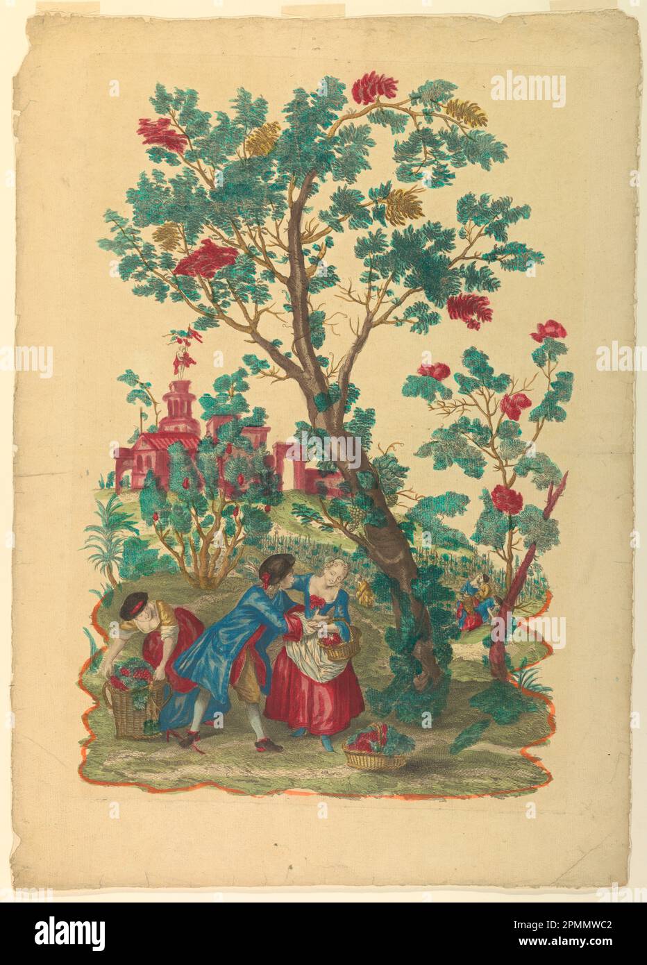 Stampa, raccolta dell'uva; progettato da Alexis Peyrotte (francese, 1699–1769); Francia; incisione colorata a mano con acquerello su carta; 32 9/16 x 23 5/16 poll. (82,7 x 59,2 cm) Foto Stock