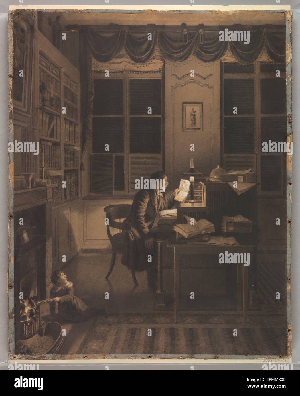 Disegno, interno con un uomo che legge alla sua scrivania; A. L. Leroy; gesso bianco e nero su carta tan wove montato su cartone; telaio a x L x P: 75,6 x 60 x 2,5 cm (29 3/4 x 23 5/8 x 1 pollici) Foglio: 68,8 x 55,6 cm (27 1/16 x 21 7/8 poll.); Collezione di scongelamento; 2007-27-8 Foto Stock