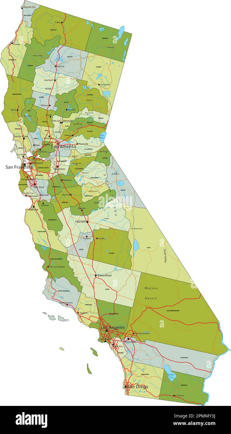 Mappa politica modificabile estremamente dettagliata con livelli separati. California. Illustrazione Vettoriale