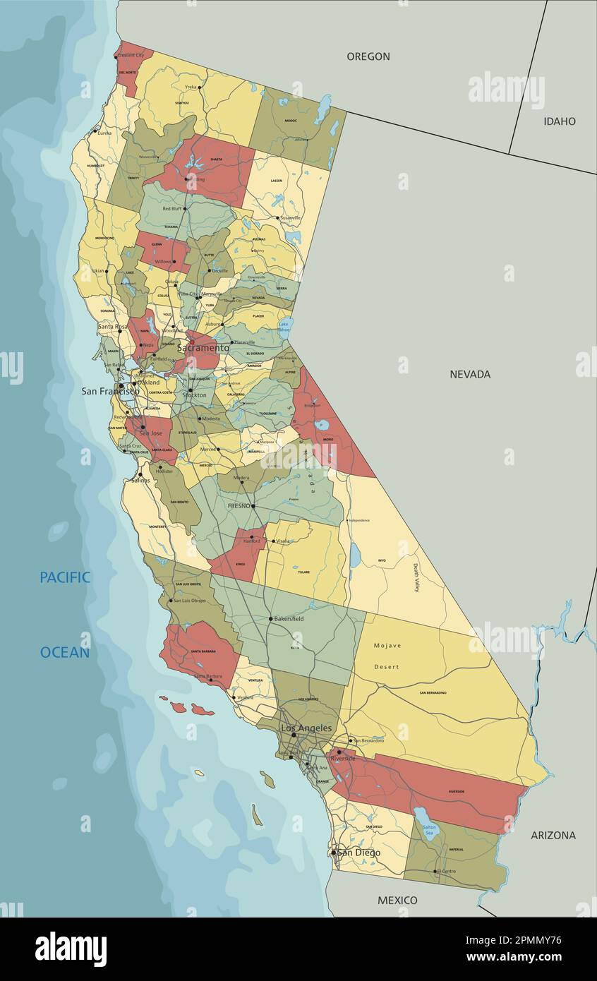 California - Mappa politica modificabile molto dettagliata con etichettatura. Illustrazione Vettoriale