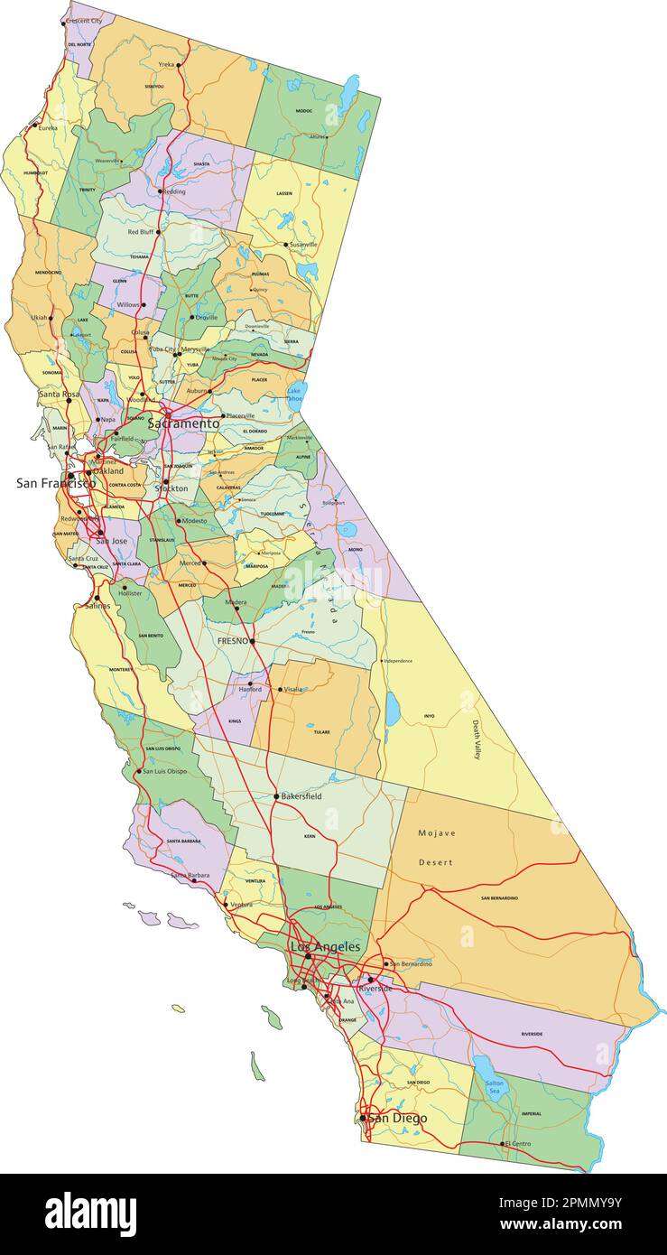 California - Mappa politica modificabile molto dettagliata con etichettatura. Illustrazione Vettoriale