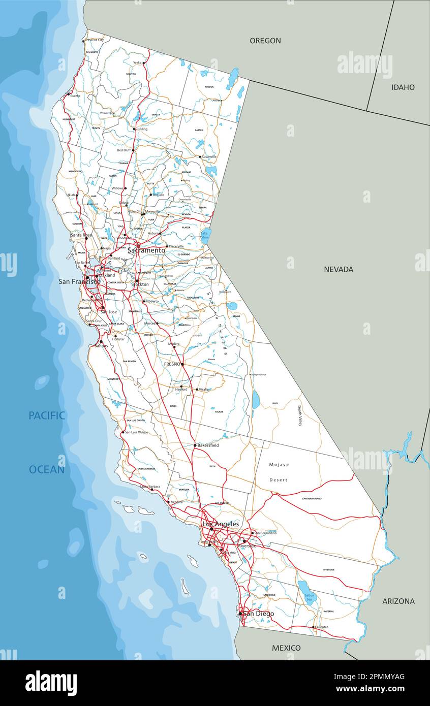 Mappa stradale della California dettagliata con etichette. Illustrazione Vettoriale