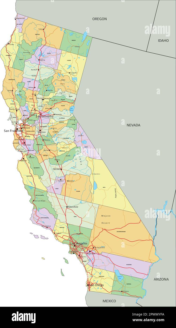 California - Mappa politica modificabile molto dettagliata con etichettatura. Illustrazione Vettoriale