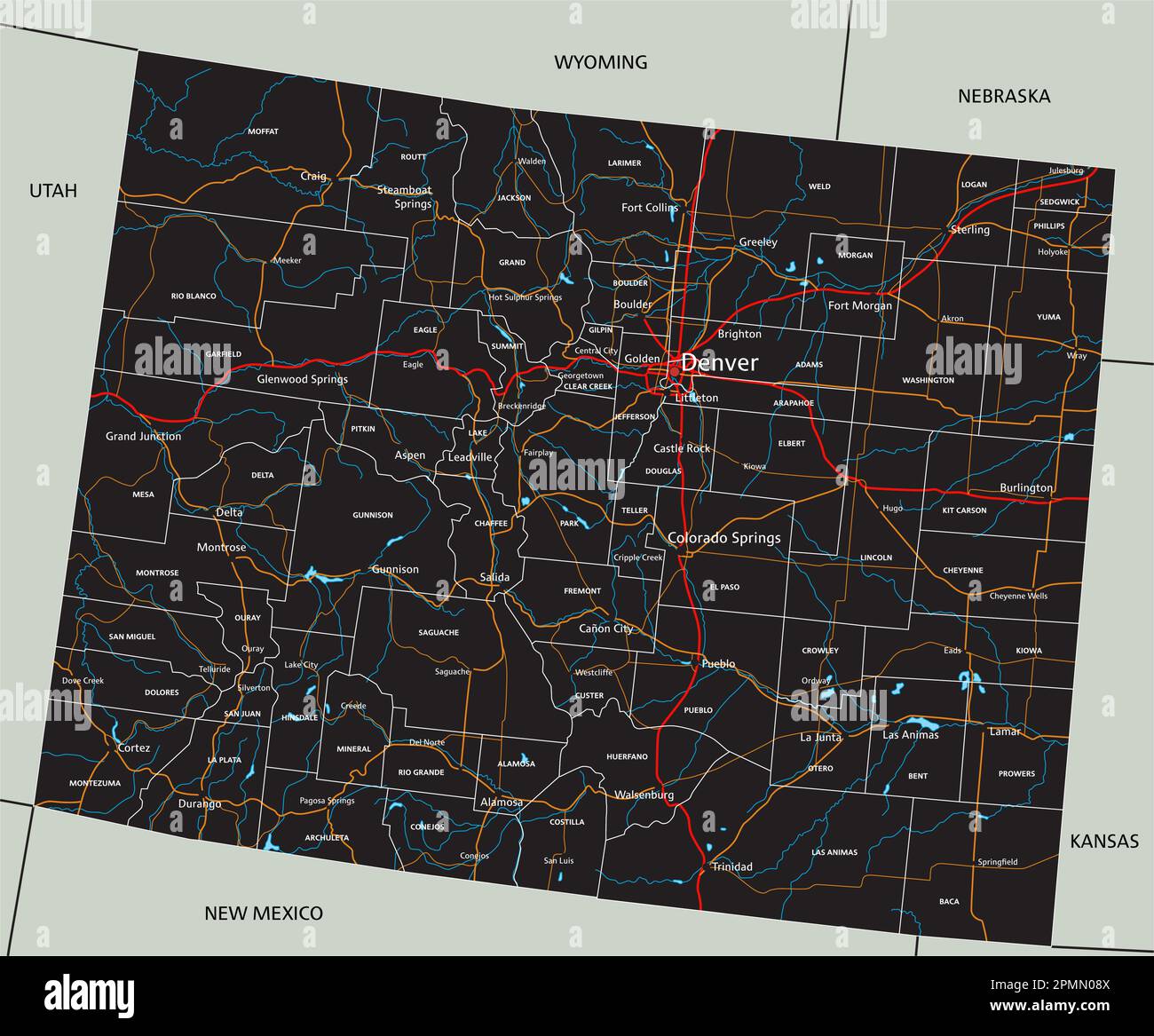 Mappa stradale dettagliata del Colorado con etichettatura. Illustrazione Vettoriale