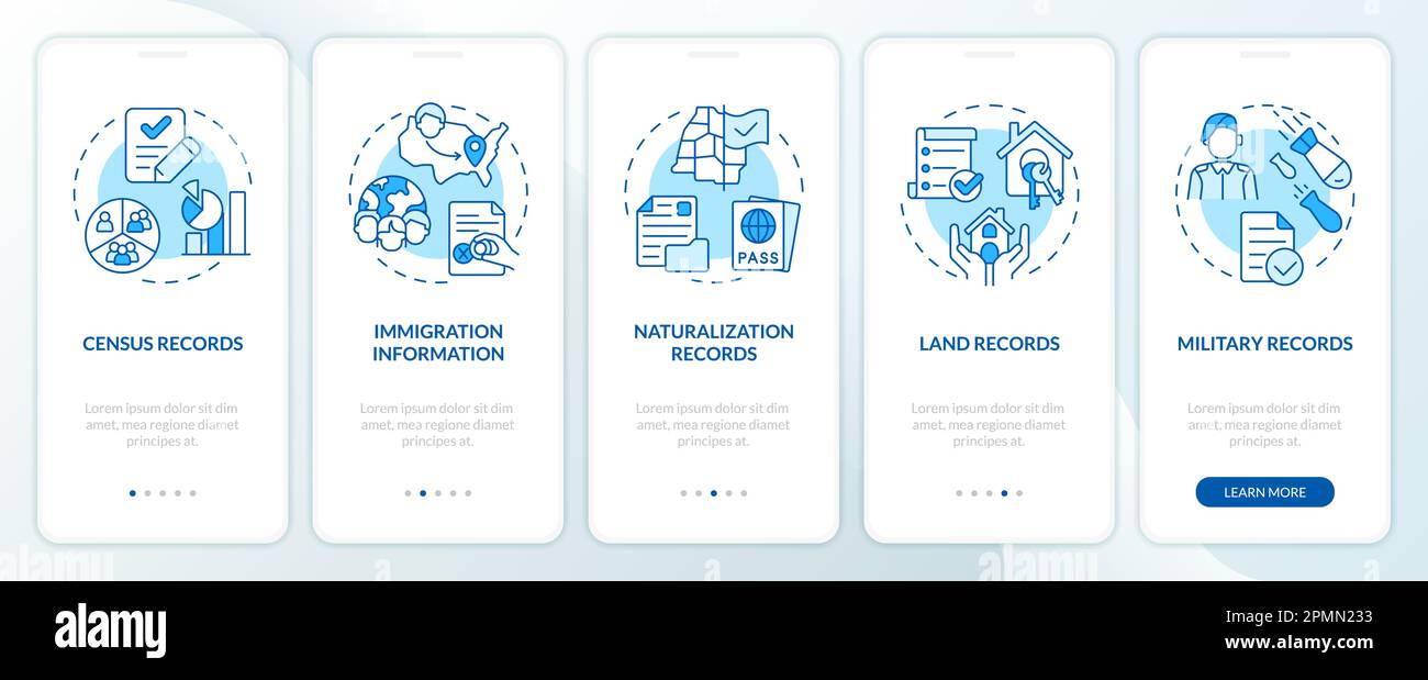 La ricerca sulla famiglia registra la schermata blu dell'app mobile di onboarding Illustrazione Vettoriale