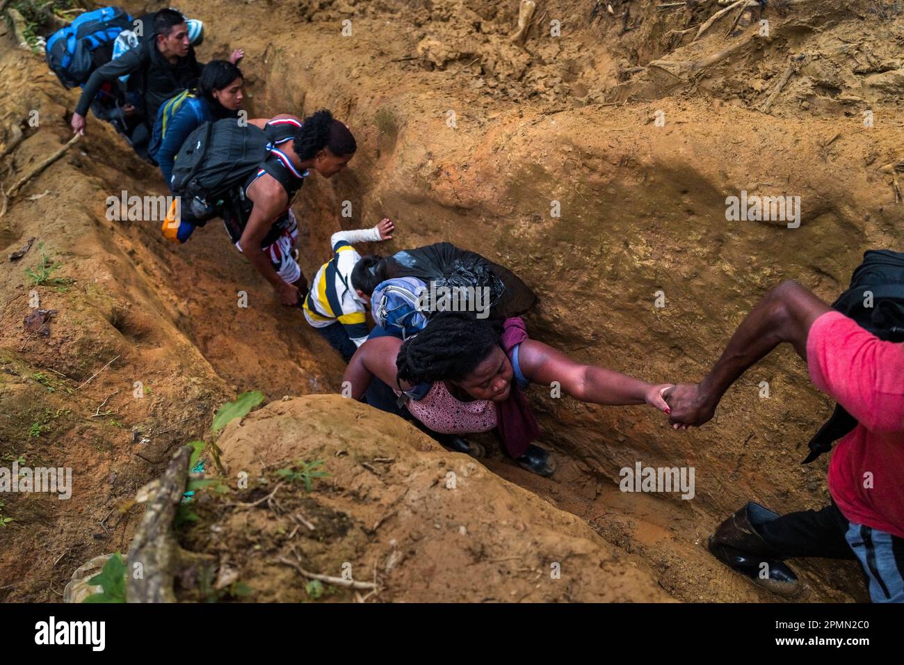 I migranti provenienti da Haiti e dall'Ecuador camminano attraverso uno stretto sentiero nella selvaggia e pericolosa giungla del Darién Gap tra Colombia e Panamá. Foto Stock