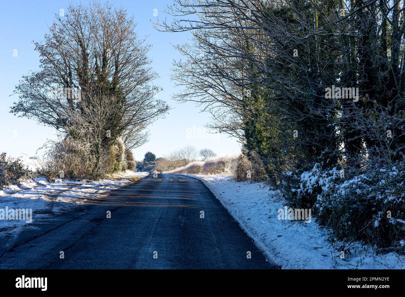 Strada di campagna in inverno con neve Foto Stock