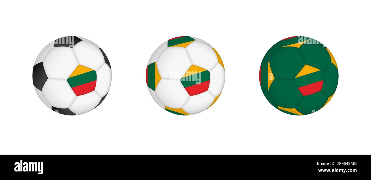 Collezione palla di calcio con la bandiera della Lituania. Attrezzatura da calcio mockup con bandiera in tre configurazioni distinte. Mockup vettoriale. Illustrazione Vettoriale