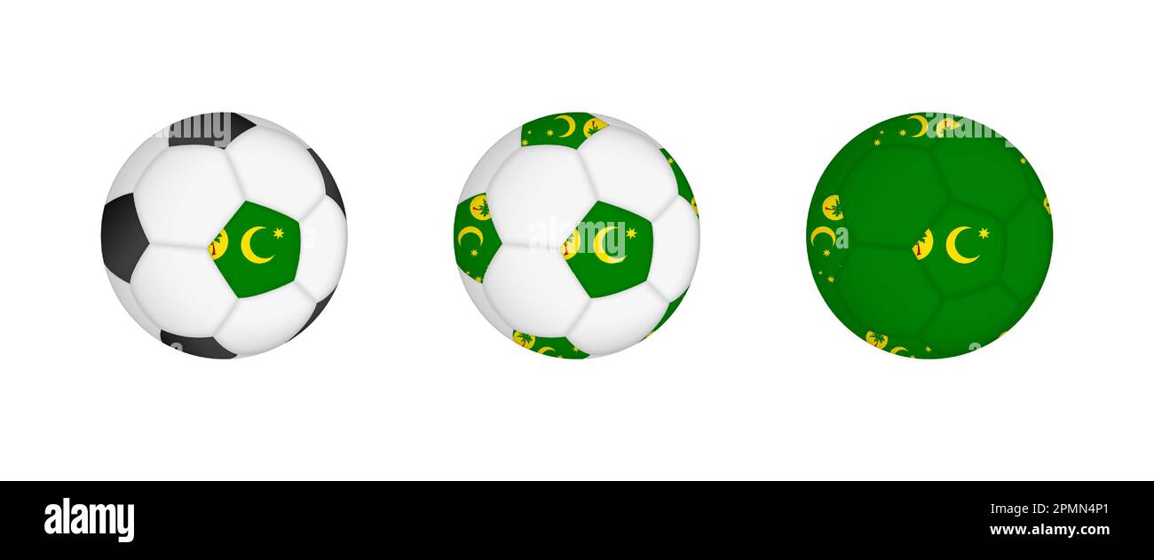 Collezione calcio palla con la bandiera Isole Cocos. Attrezzatura da calcio mockup con bandiera in tre configurazioni distinte. Mockup vettoriale. Illustrazione Vettoriale