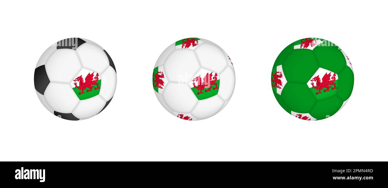 Collezione palla di calcio con la bandiera del Galles. Attrezzatura da calcio mockup con bandiera in tre configurazioni distinte. Mockup vettoriale. Illustrazione Vettoriale