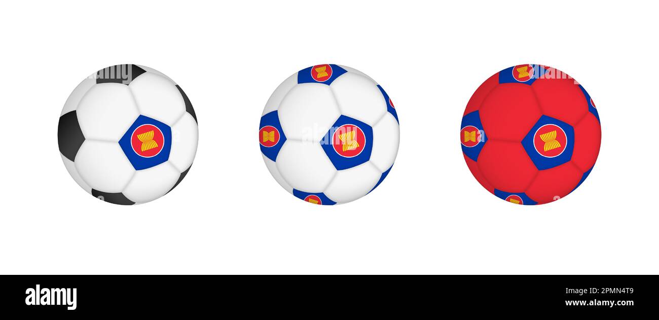 Calcio di collezione con la bandiera ASEAN. Attrezzatura da calcio mockup con bandiera in tre configurazioni distinte. Mockup vettoriale. Illustrazione Vettoriale