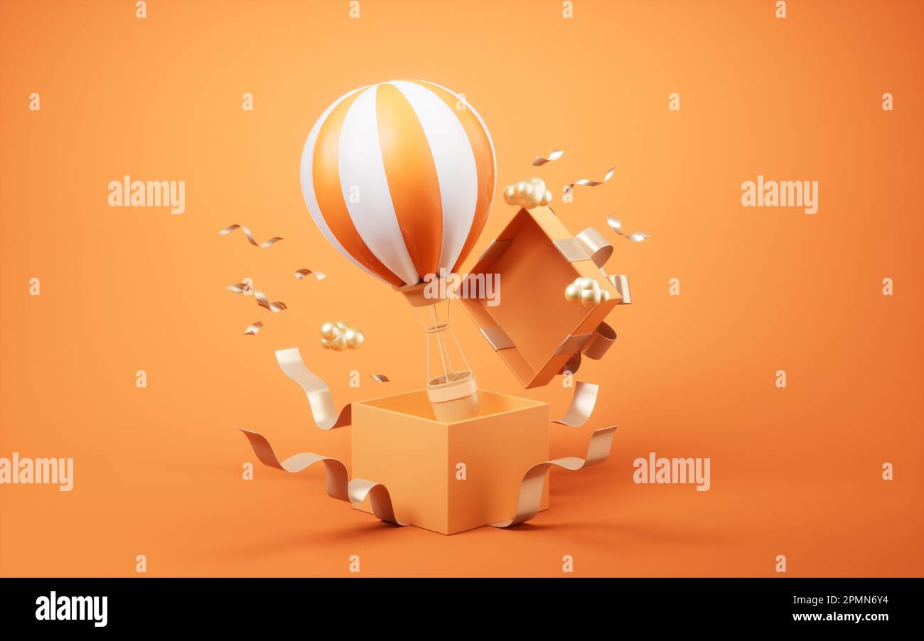 Pallone ad aria calda e confezione regalo, rendering 3D. Disegno digitale. Foto Stock