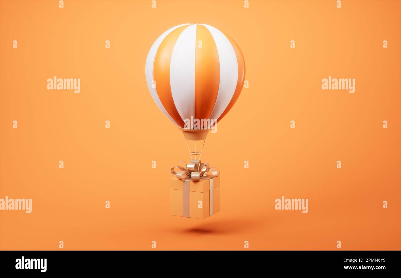Pallone ad aria calda e confezione regalo, rendering 3D. Disegno digitale. Foto Stock