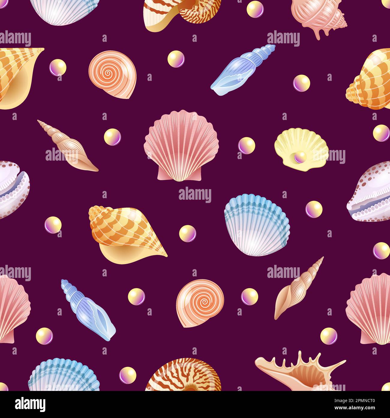 Pattern vettoriale senza cuciture con illustrazioni di conchiglie e perle Illustrazione Vettoriale
