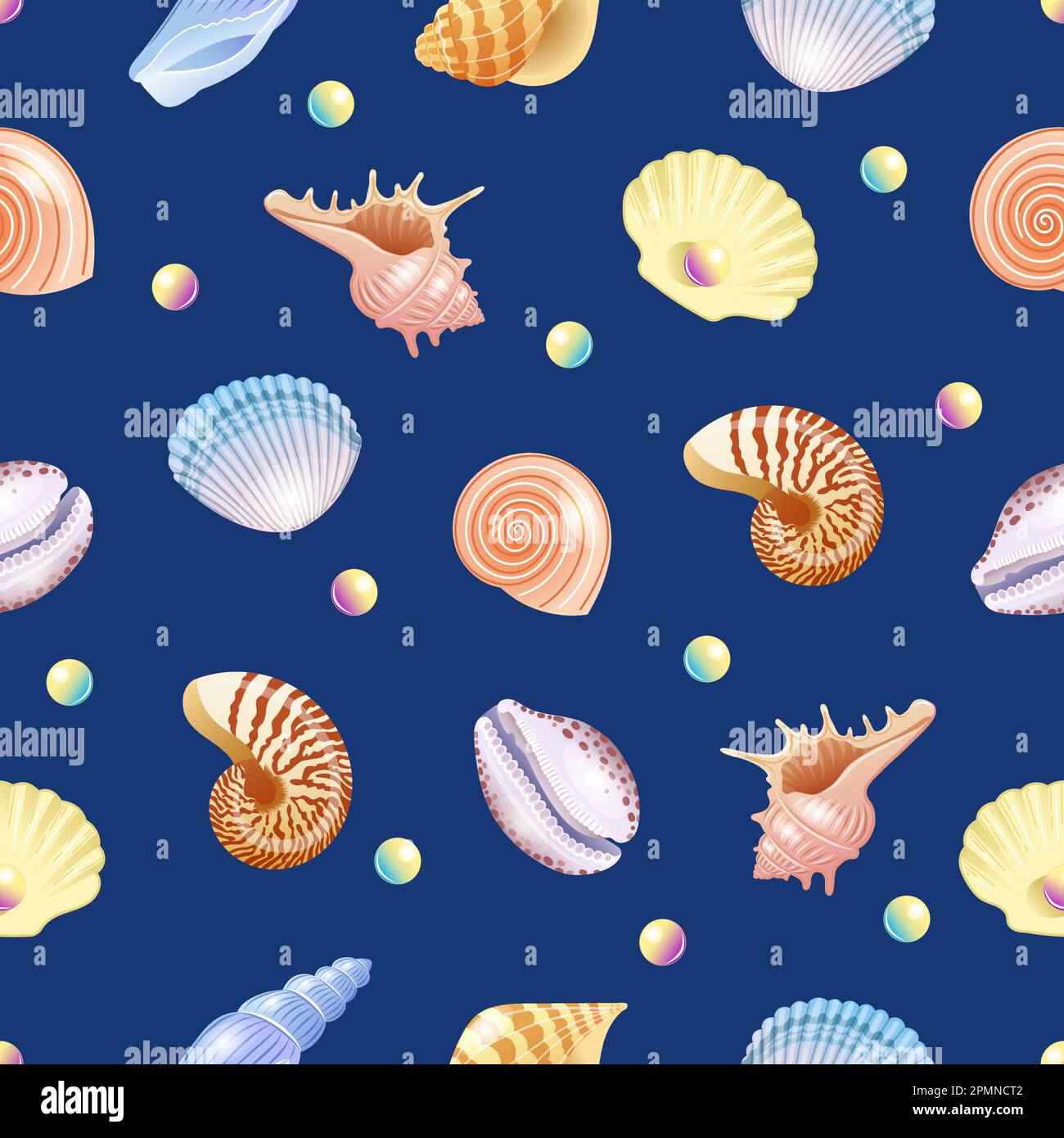 Seashells vettore senza cuciture modello su sfondo blu con conchiglie e perle Illustrazione Vettoriale